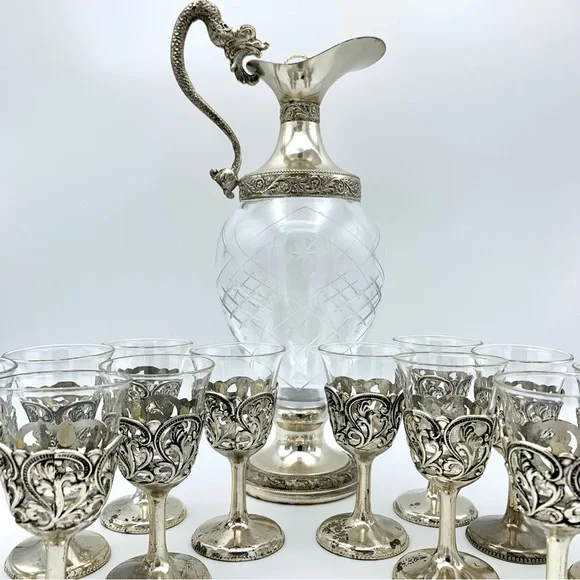 Vintage Italian Silver Plated Crystal Ewer Dragon Victorian Decanter, 12 Glasses - Picture 9 of 15